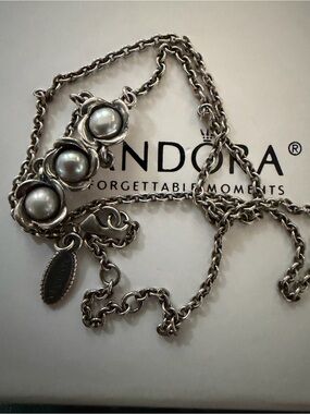 Authentic Pandora Grey Pearl Three Wishes Flower Necklace Silver